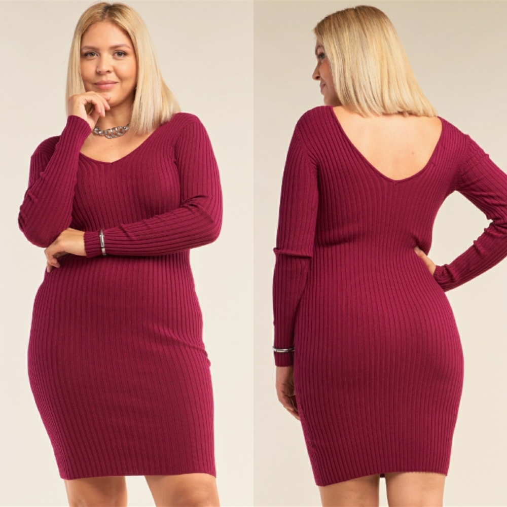Melbourne Ribbed V Neck Plus Mini Dress (Burgundy)